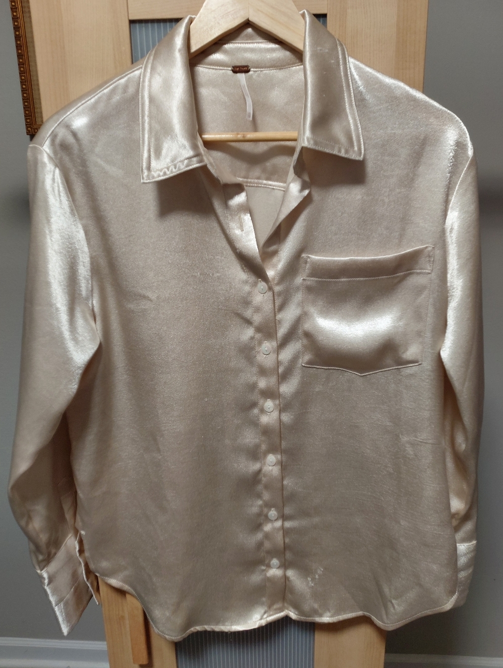 Free People Champagne Satin Button-Down Blouse